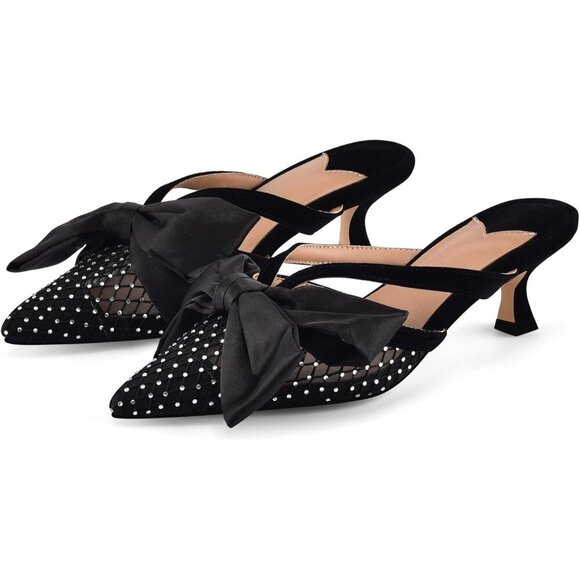 🆕Women Heeled Mules Black Faux Leather Pointed Toe Kitten Heel Bow Slip-on Sand - Picture 1 of 5
